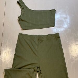 SHEIN  2 piece women’s one shoulder 1/2 tank  haute flare pants olive green lg